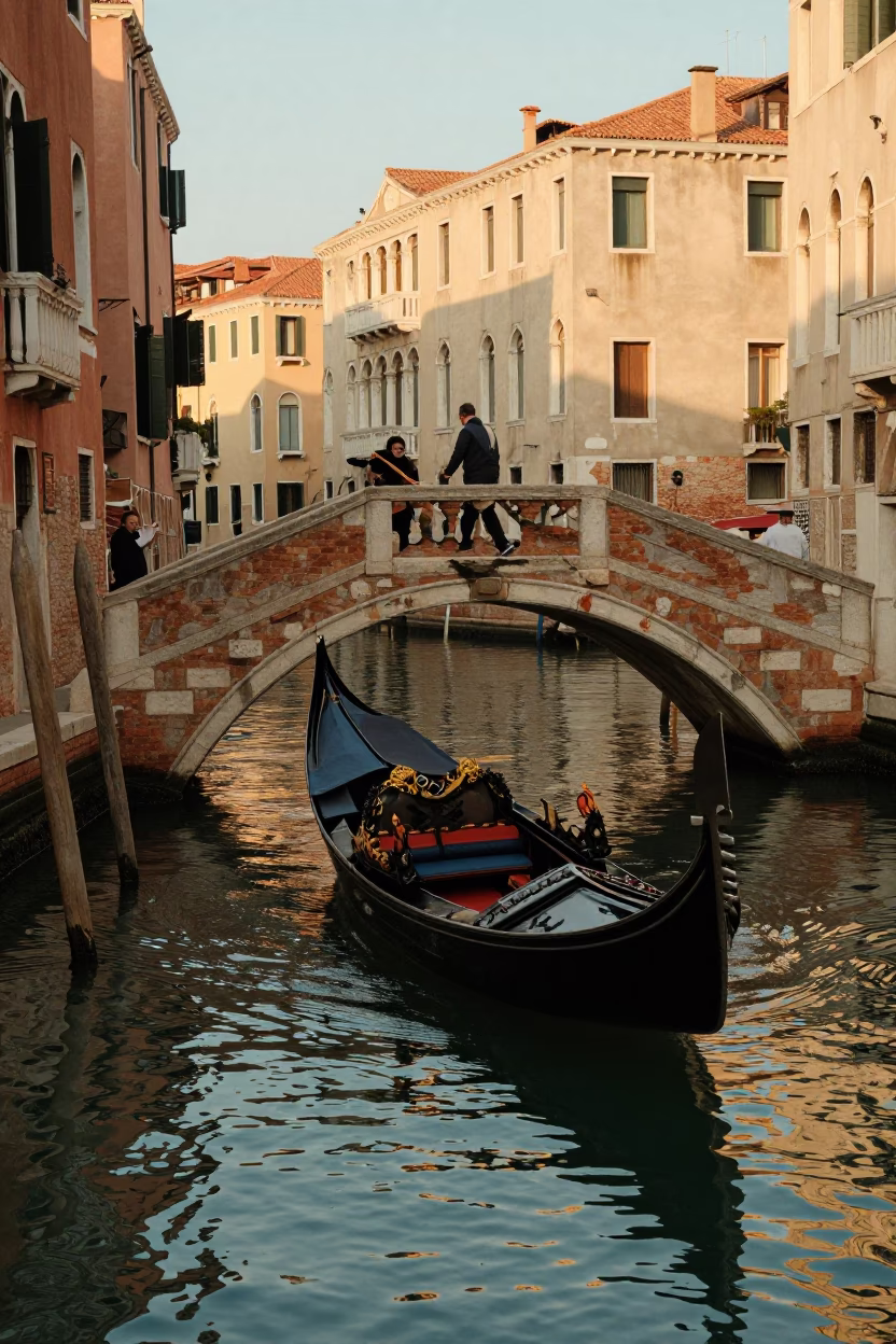 Venice Italy Golden Hour Canal Scene with Gondola and Rustic Bridge in in Venice, Italy