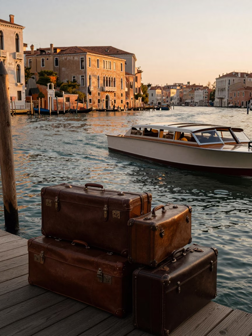 Venice Italy Golden Hour Canal Scene with Suitcases and Water Taxi Reflections in in Venice, Italy