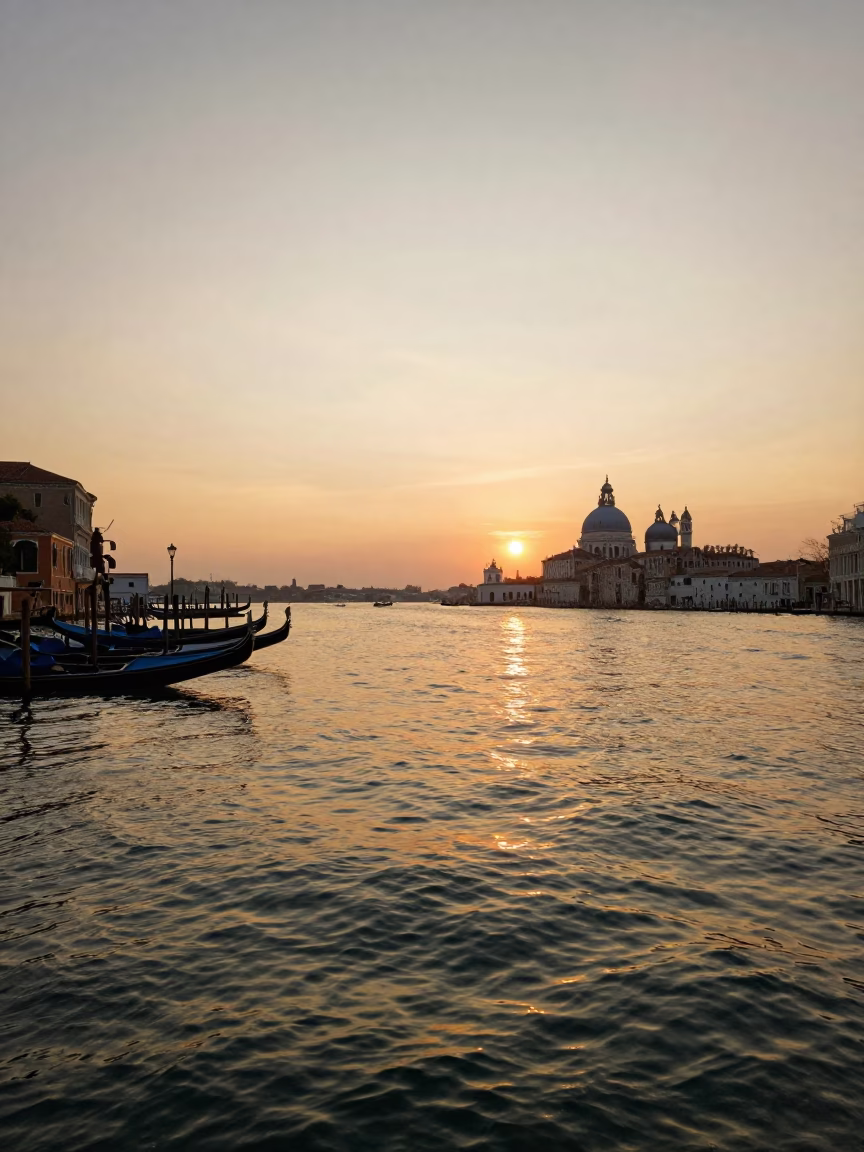 Venice Italy Golden Hour Lagoon Landscape with Gondolas and Historic Architecture in in Venice, Italy