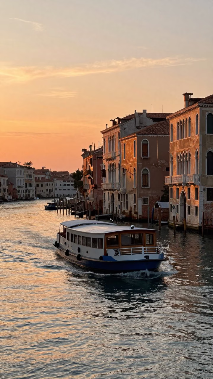 Venice Italy Golden Hour Steamboat River Bend Sunset Realistic Photograph in in Venice, Italy