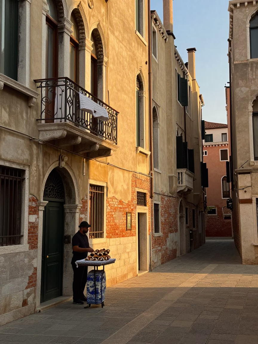 Venice Italy Golden Hour Street Scene with Cannoli and Traditional Architecture in in Venice, Italy