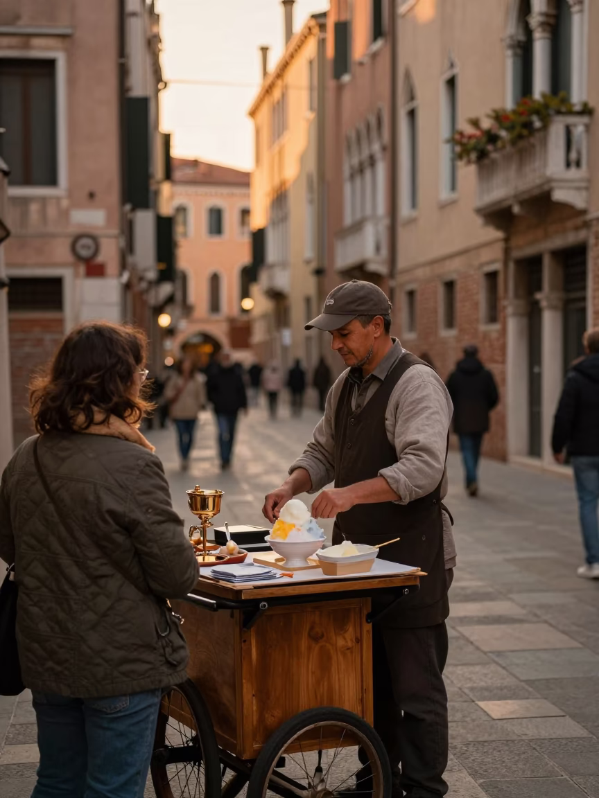 Venice Italy Golden Hour Street Scene with Local Food and Traditional Craftsmanship in in Venice, Italy