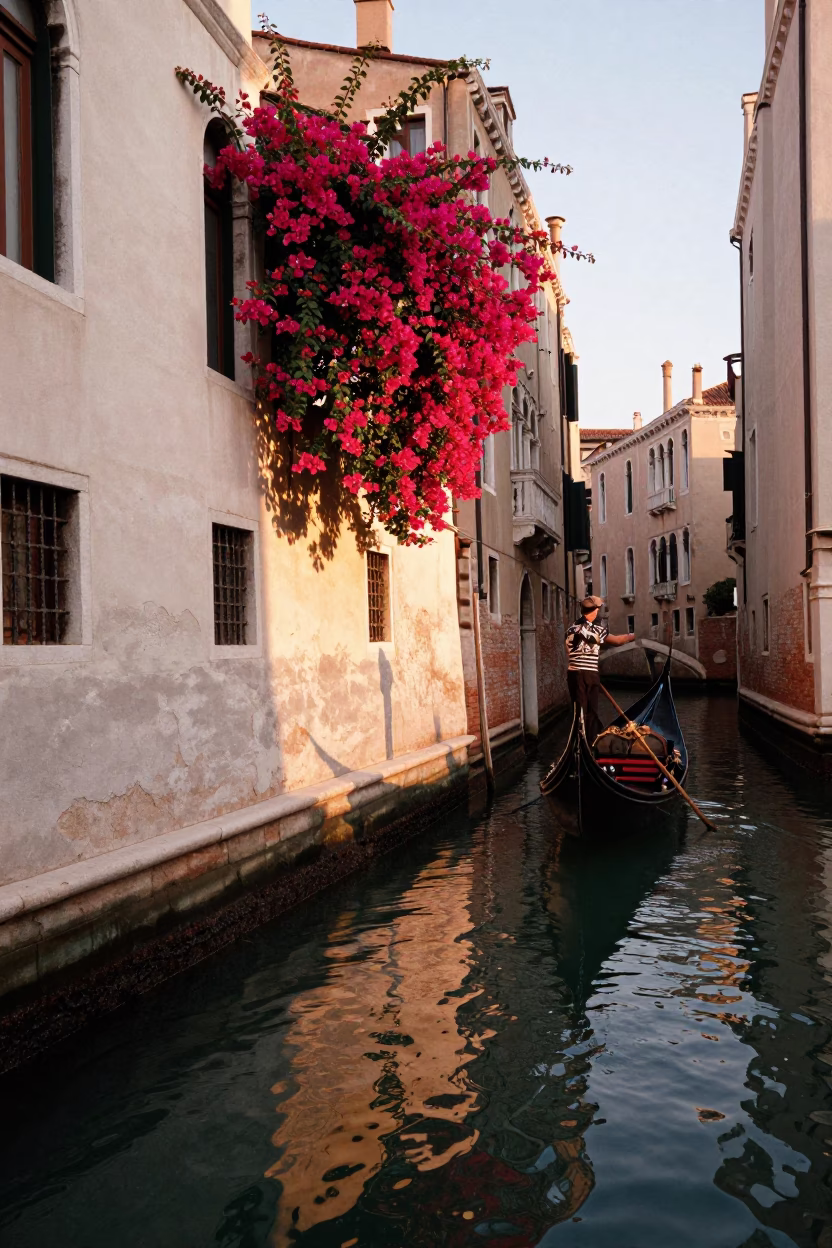 Venice Italy honeyed evening light bougainvillea white wall canal gondola in in Venice, Italy
