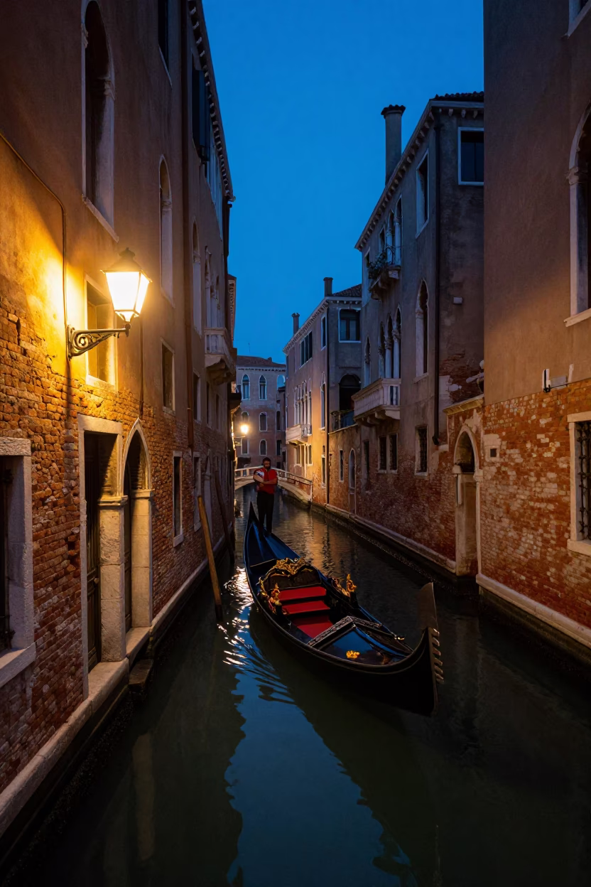 Venice Italy indigo twilight canal scene with gondola and historic architecture in in Venice, Italy