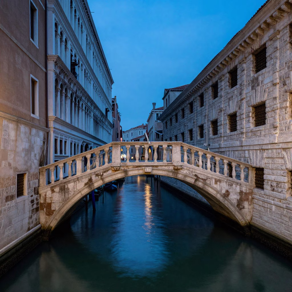 Venice Italy indigo twilight canal scene with historic architecture and quiet water in in Venice, Italy