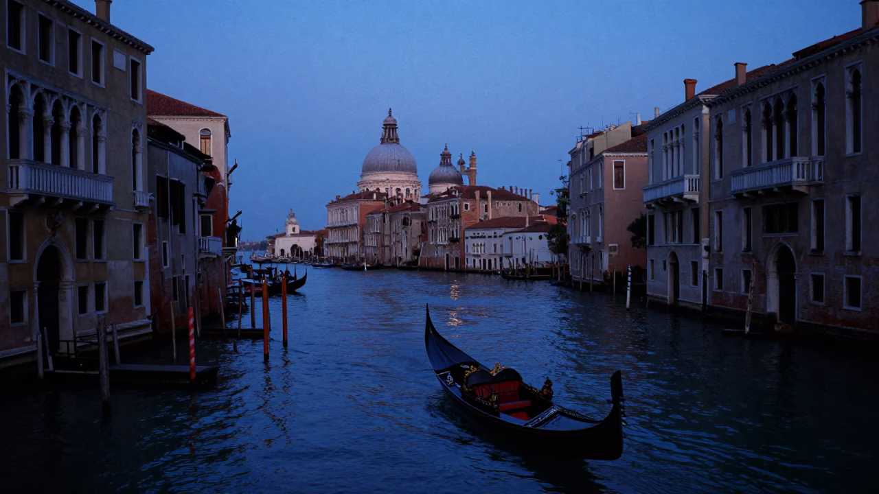 Venice Italy indigo twilight canal scene with traditional gondola and historic architecture in in Venice, Italy