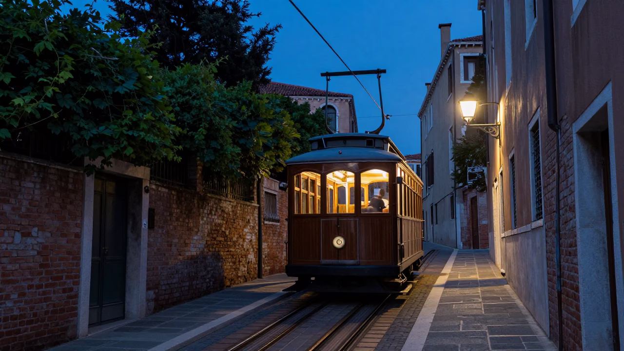 Venice Italy Indigo Twilight Funicular Hillside Vines and Street Life in in Venice, Italy