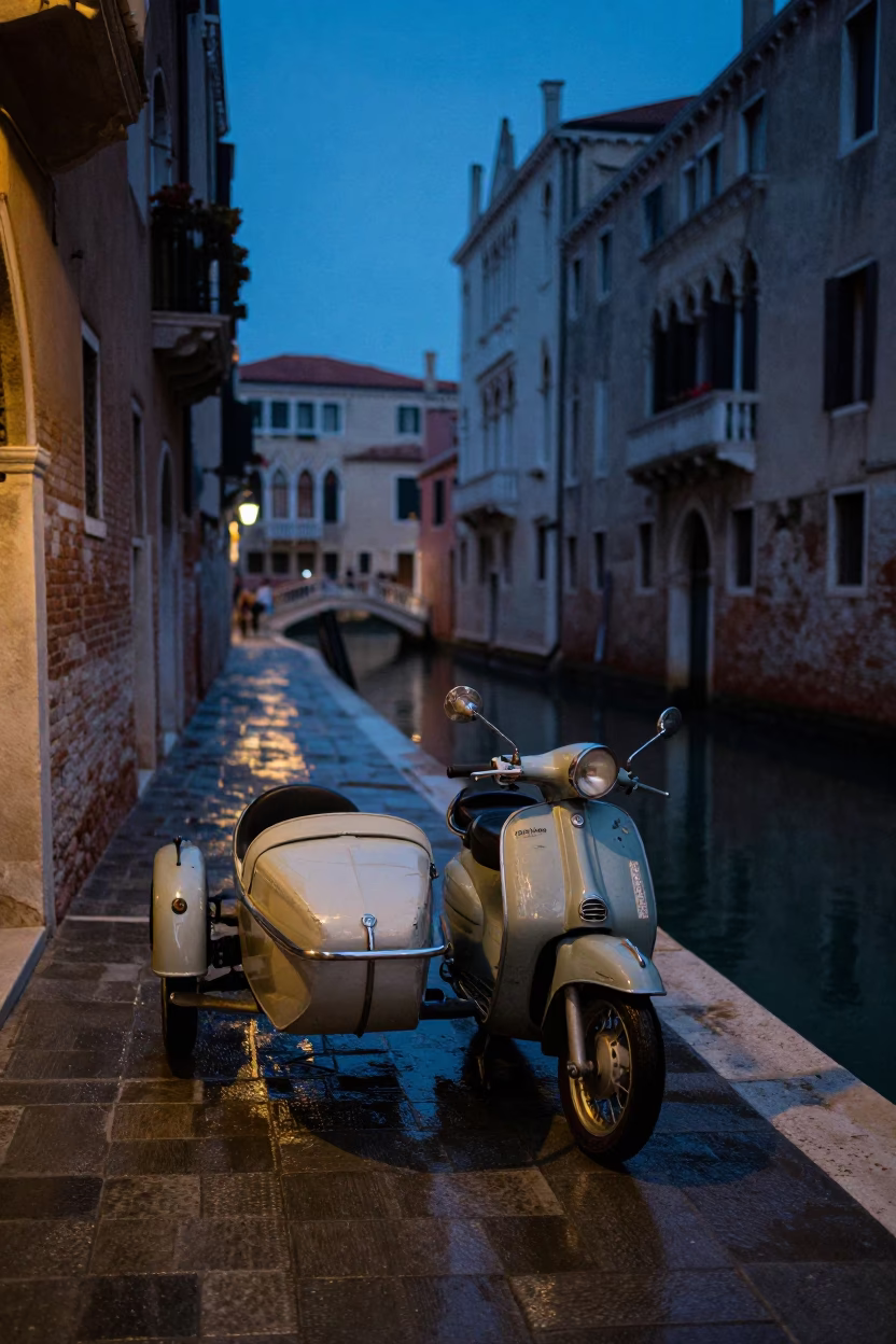 Venice Italy indigo twilight street scene with vintage motorcycle and sidecar in in Venice, Italy