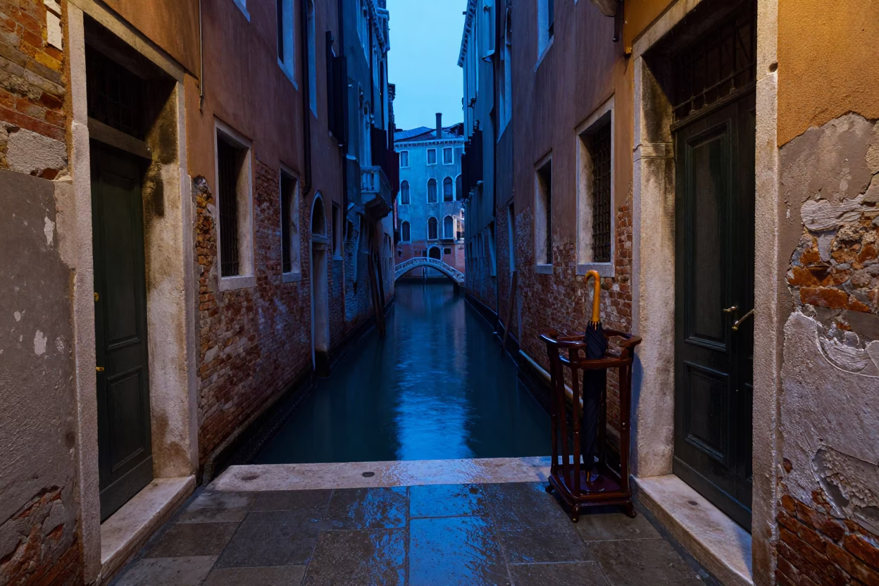 Venice Italy Indigo Twilight Water Stool Rings Umbrella Stand Canal Reflection in in Venice, Italy
