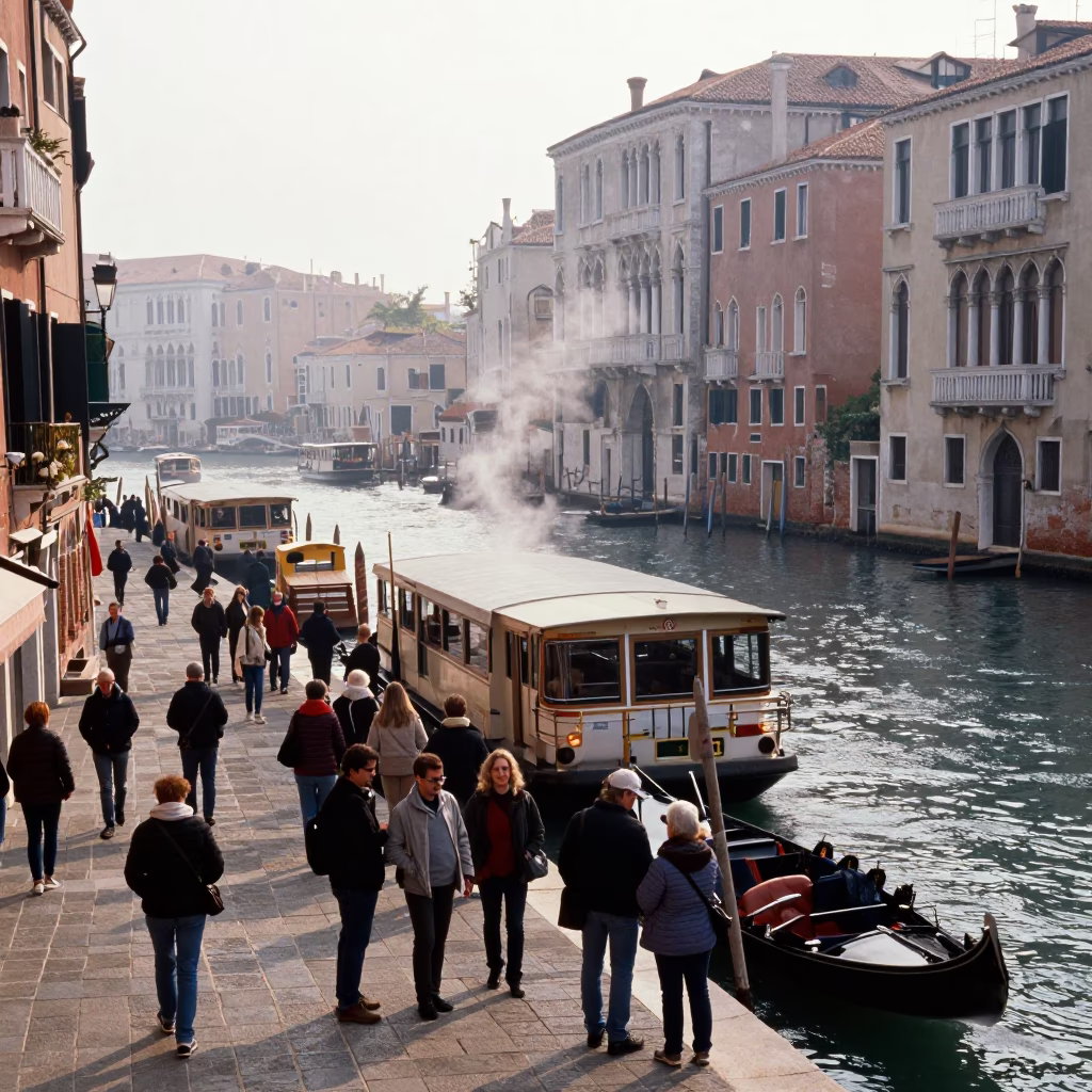 Venice Italy Just After Sunrise Colorful Busy Street Scene with Steam Haze in in Venice, Italy