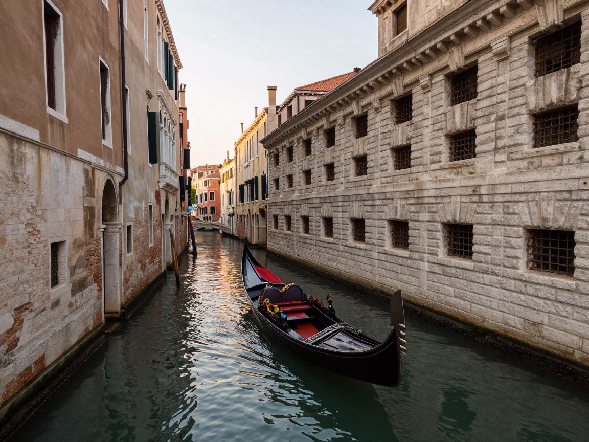 Venice Italy Late Afternoon Canal Scene with Traditional Gondola and Historic Architecture in in Venice, Italy