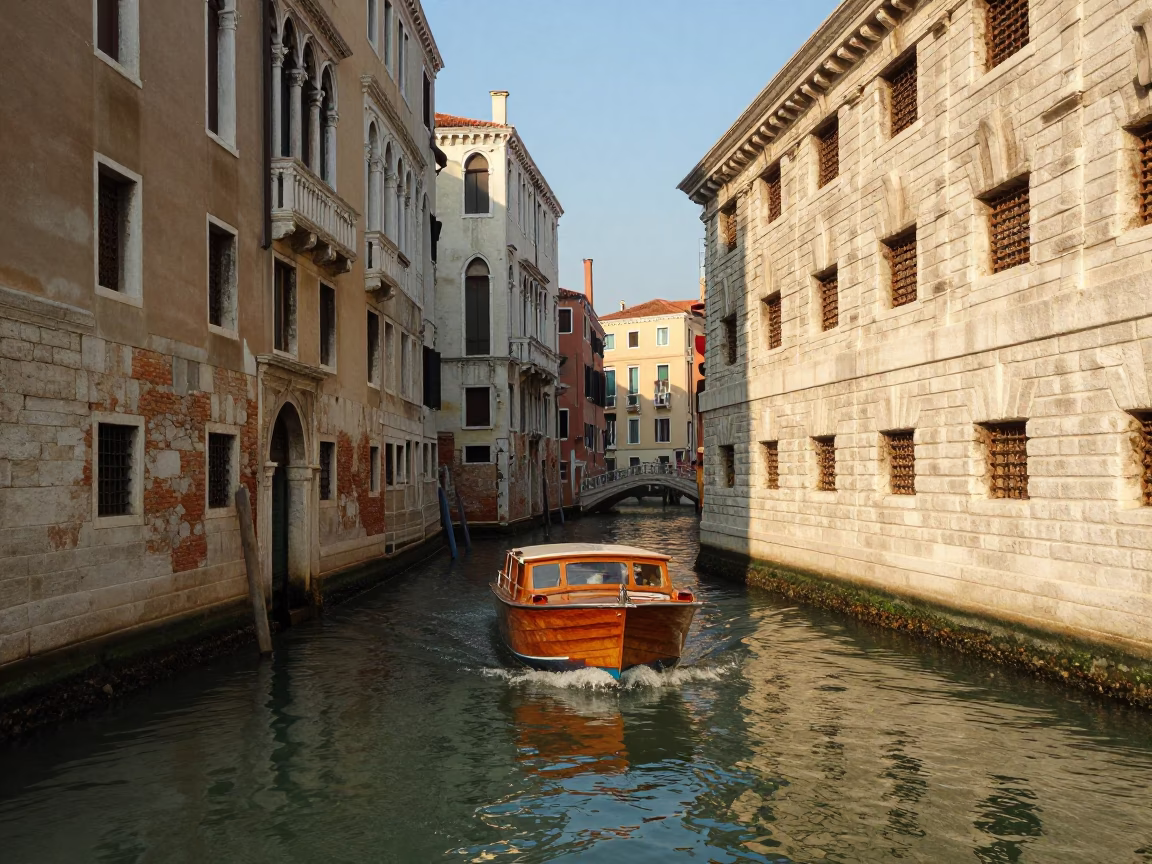Venice Italy Late Afternoon Canal Scene with Wooden Boat and Stone Architecture in in Venice, Italy