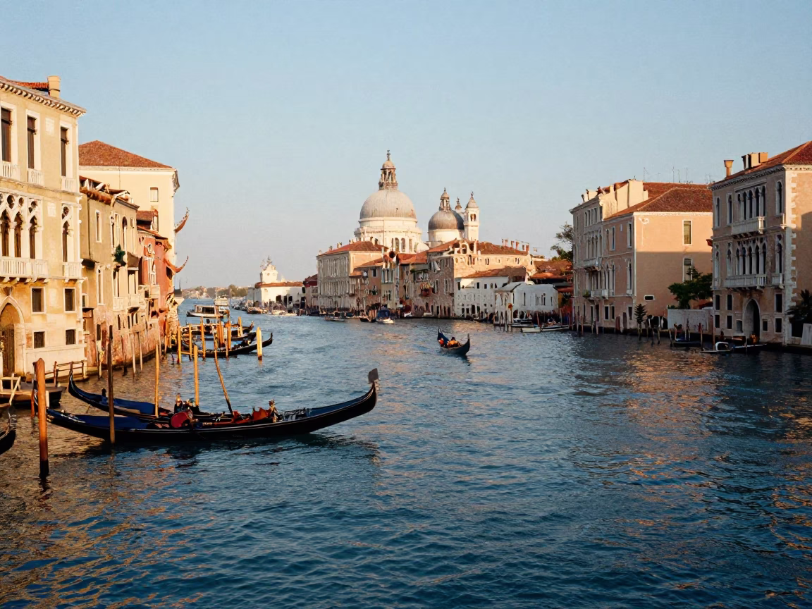 Venice Italy Late Afternoon Lagoon View with Gondolas and Historic Architecture in in Venice, Italy