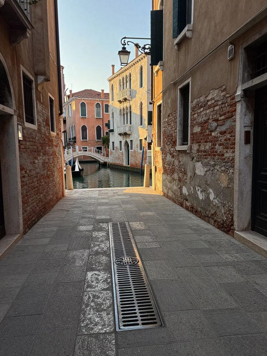 Venice Italy Late Afternoon Light Street Scene with Lantern and Canal Details in in Venice, Italy