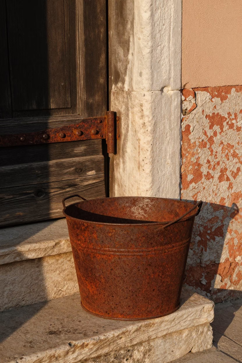 Venice Italy Late Afternoon Rusty Metal Bucket Near Weathered Hinge Screws in in Venice, Italy