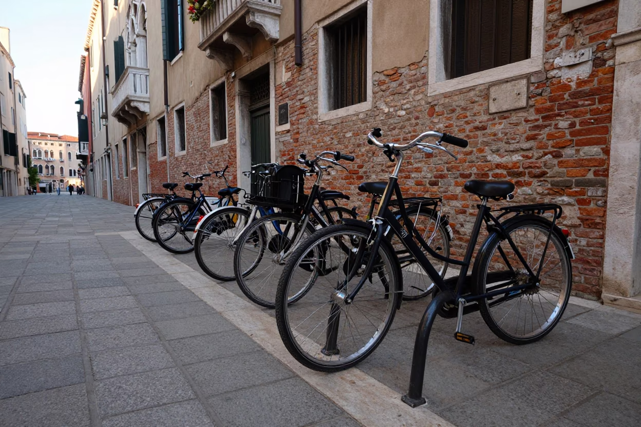 Venice Italy Late Afternoon Street Scene with Bicycle Rack and Historic Architecture in in Venice, Italy