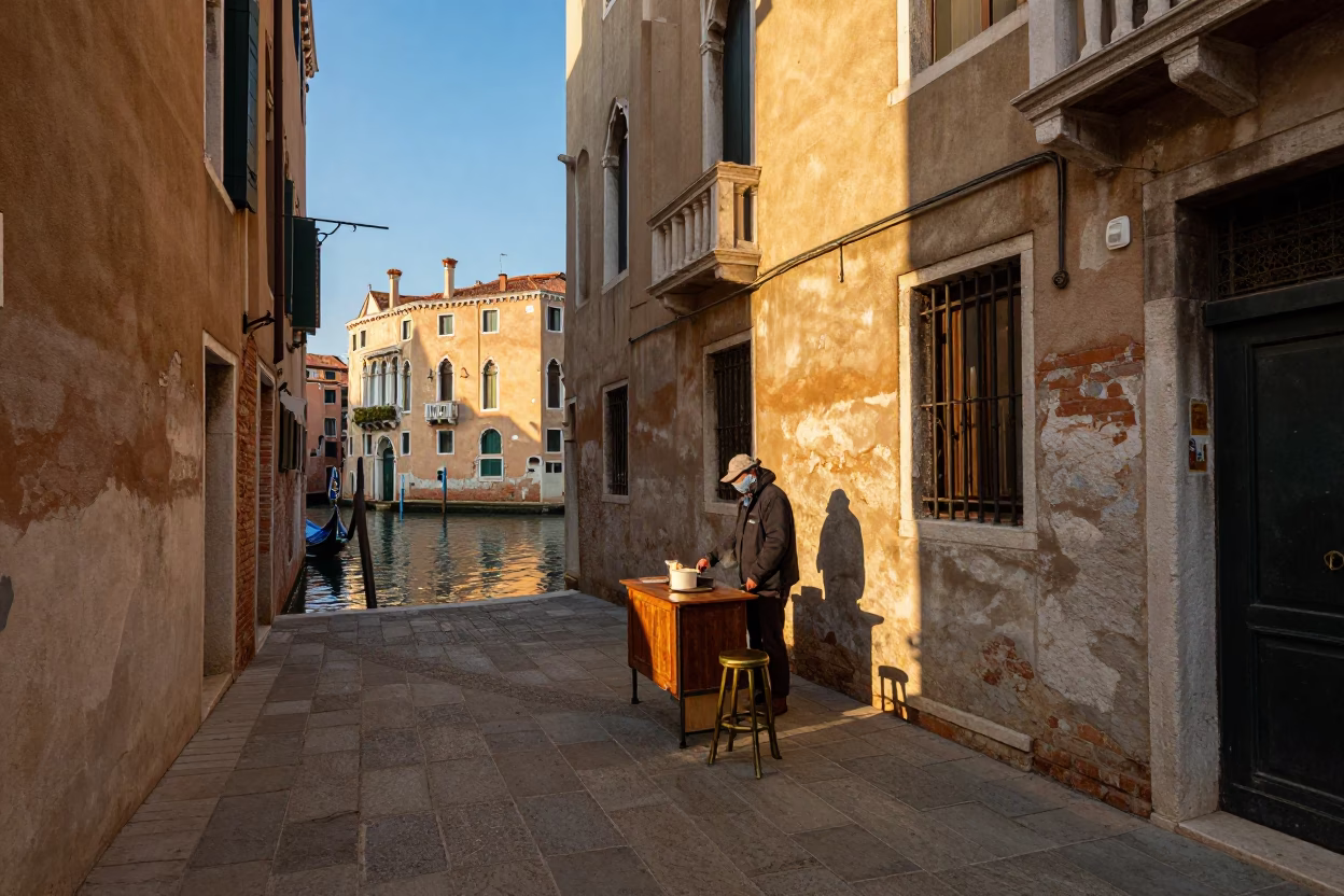 Venice Italy Late Afternoon Street Scene with Brass Stool and Cup in in Venice, Italy