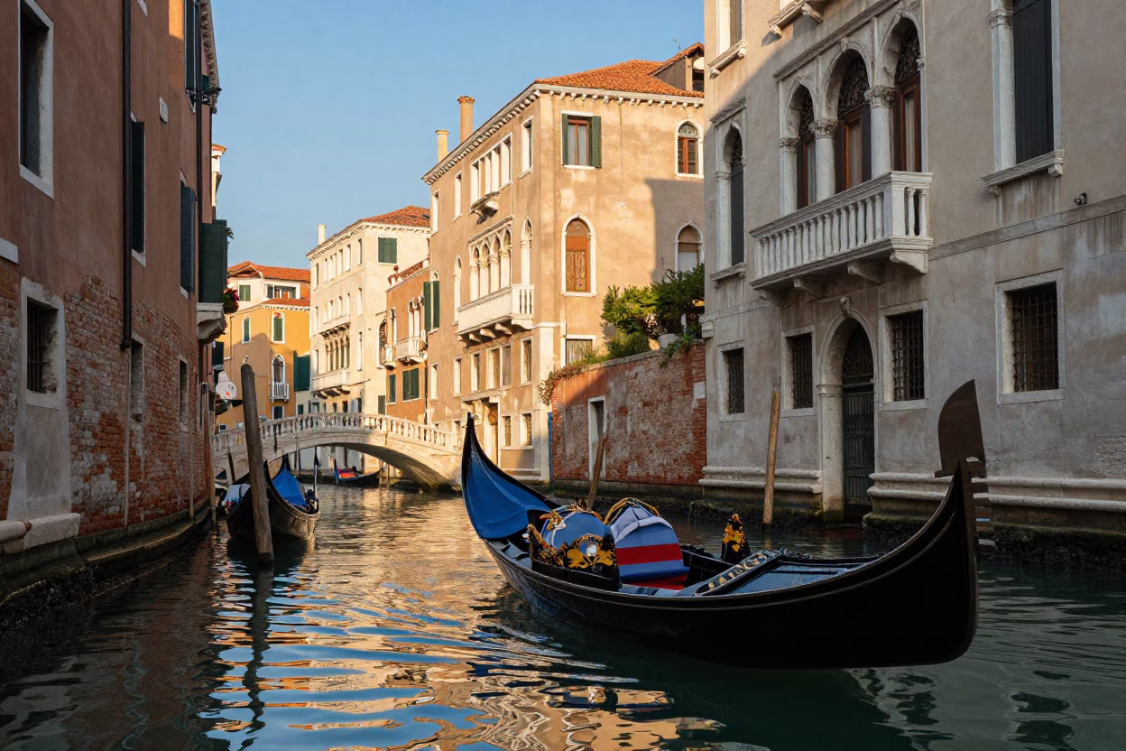 Venice Italy Late Afternoon Street Scene with Gondola and Traditional Architecture in in Venice, Italy