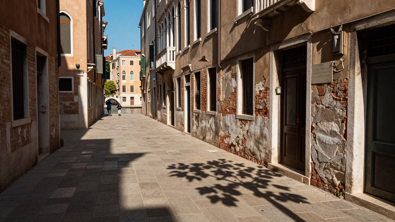 Venice Italy Late Afternoon Street Scene with Leaf Shadows and Local Life in in Venice, Italy