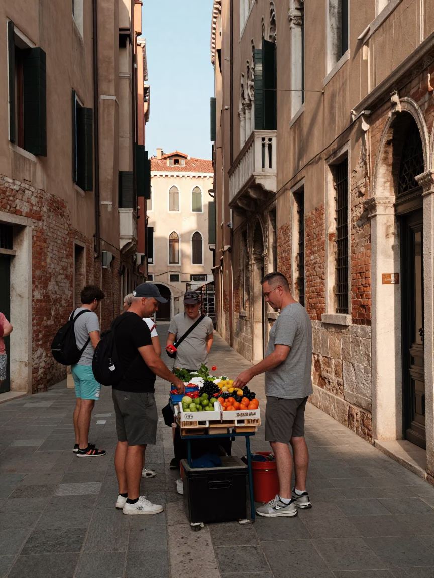 Venice Italy Late Afternoon Street Scene with Local Vendor and Tourists in in Venice, Italy