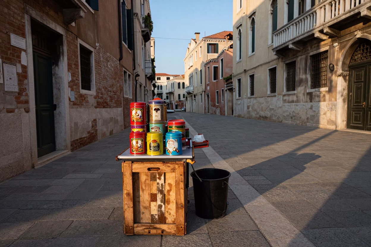 Venice Italy Late Afternoon Street Scene with Tiffin Tin and Tomatoes in in Venice, Italy
