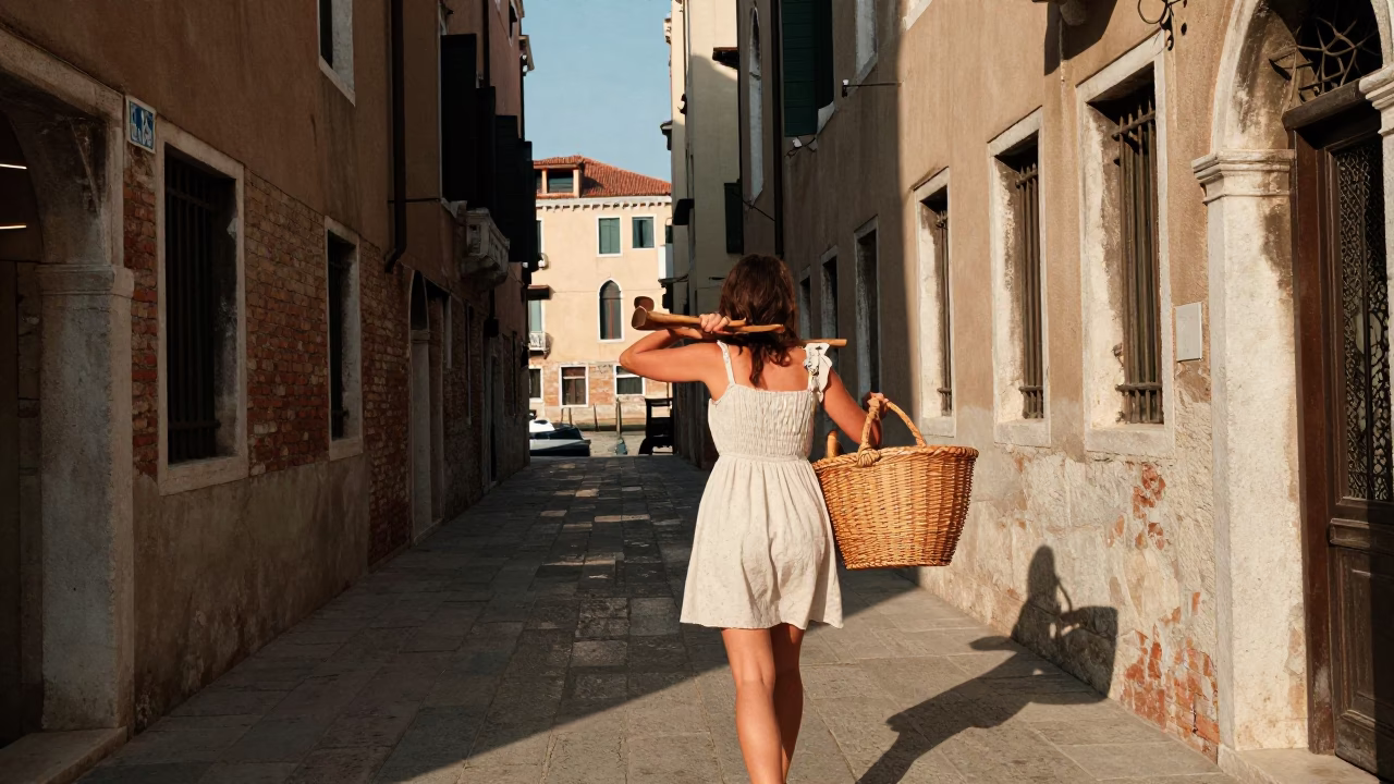 Venice Italy late afternoon street scene with woman carrying woven basket near canal in in Venice, Italy