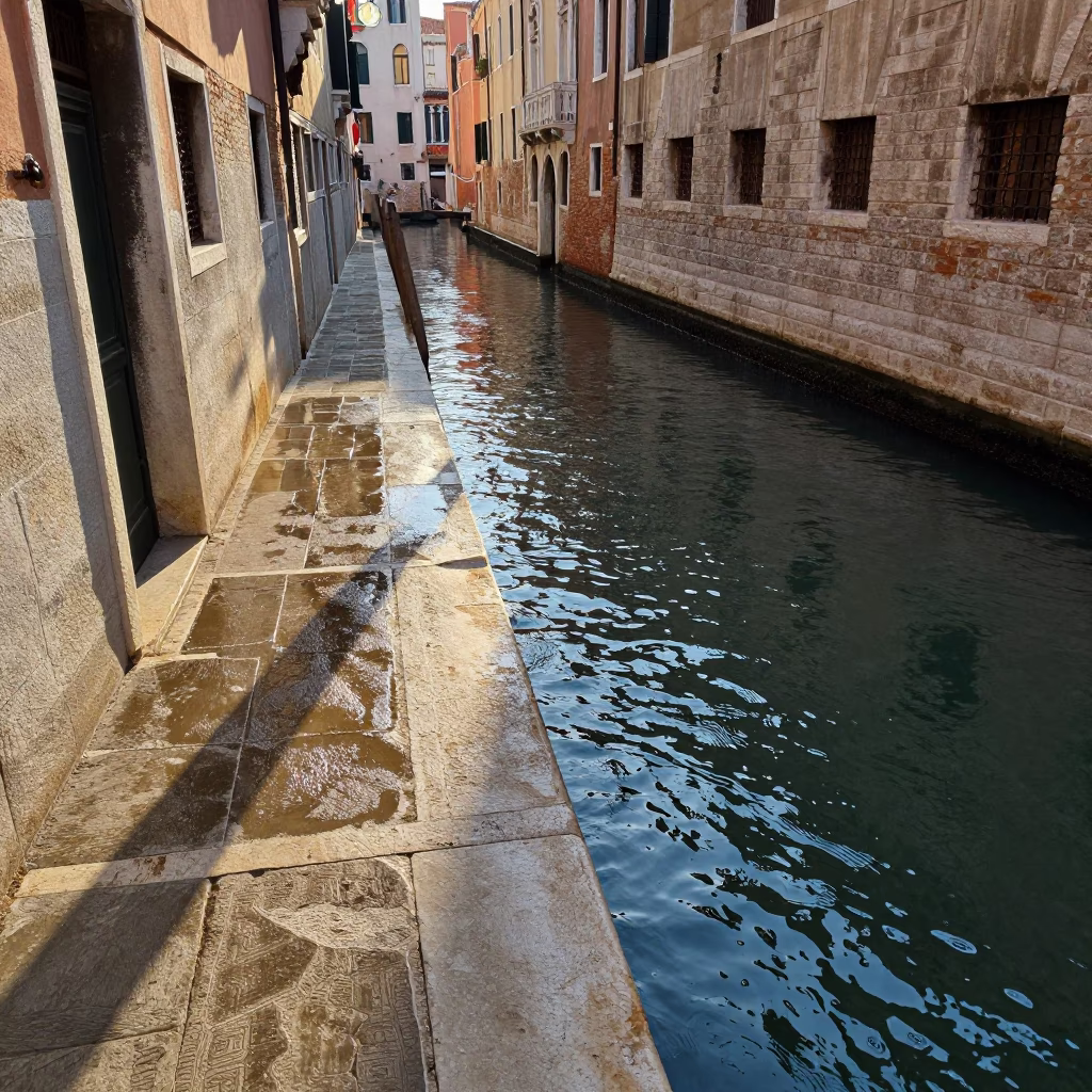 Venice Italy Late Afternoon Sunlight Striking Canal Water and Stone Architecture in in Venice, Italy
