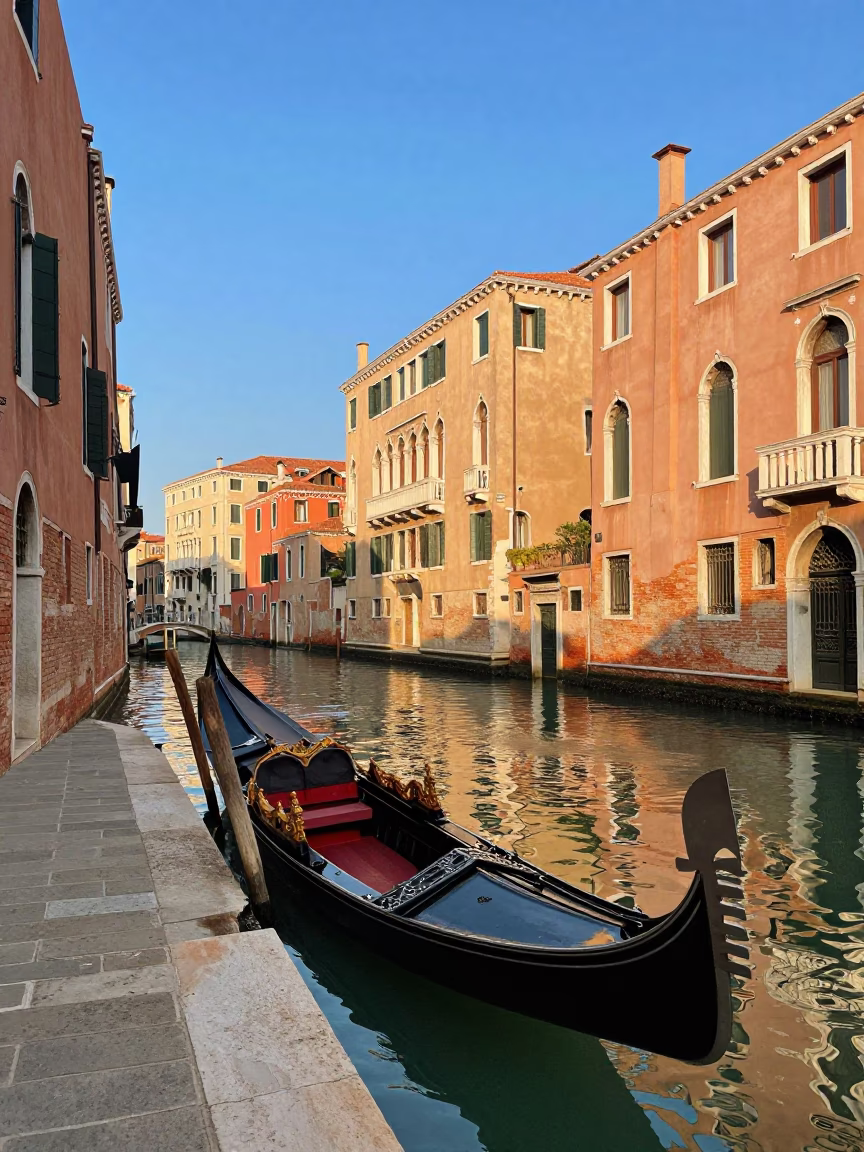 Venice Italy Late Afternoon View of Historic Canals and Traditional Gondolas in in Venice, Italy