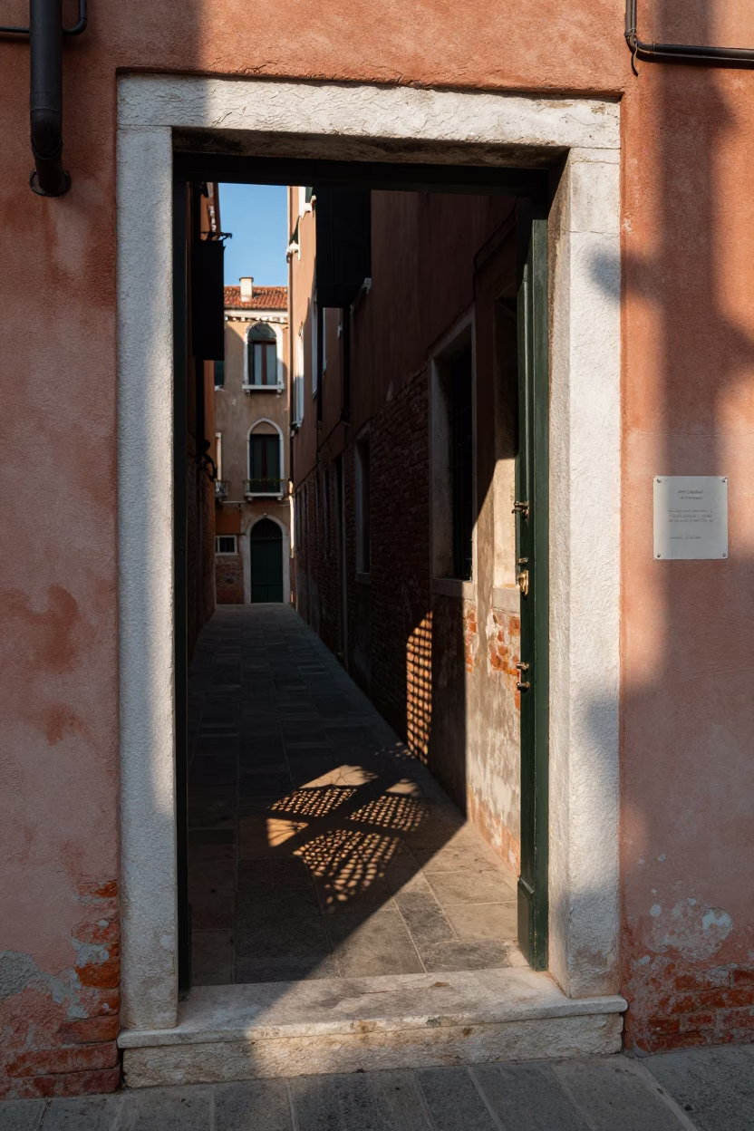 Venice Italy Late Afternoon Wicker Shadow on Doorframe in Historic Alleyway in in Venice, Italy