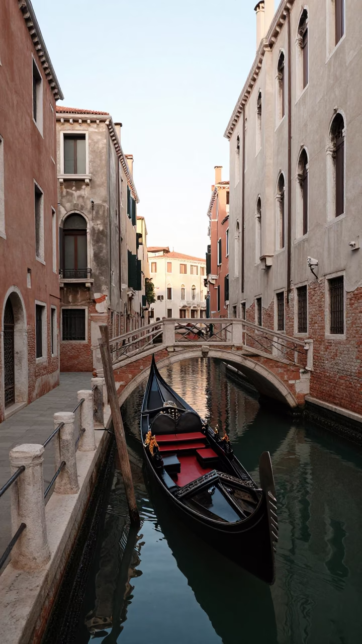 Venice Italy Late Morning Canal Scene with Gondola and Historic Architecture in in Venice, Italy