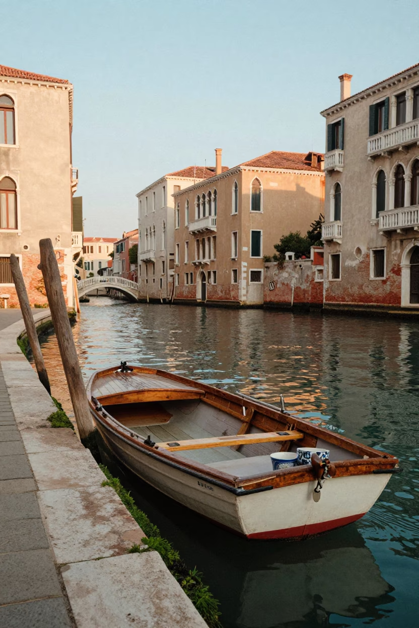 Venice Italy Late Morning Canal Scene with Rowboat and Ceramic Pitcher in in Venice, Italy