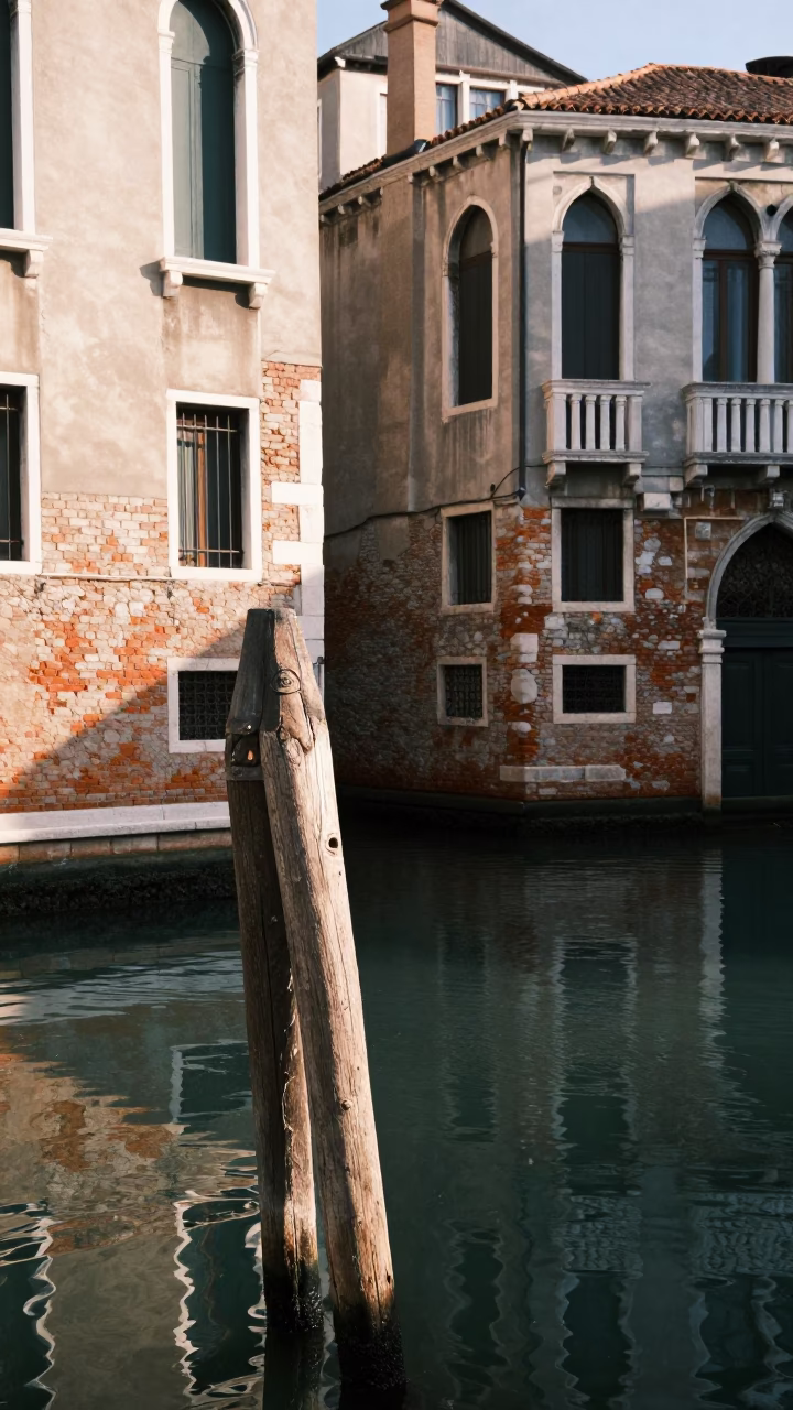 Venice Italy Late Morning Canal Scene with Traditional Wooden Dock and Weathered Brick Architecture in in Venice, Italy