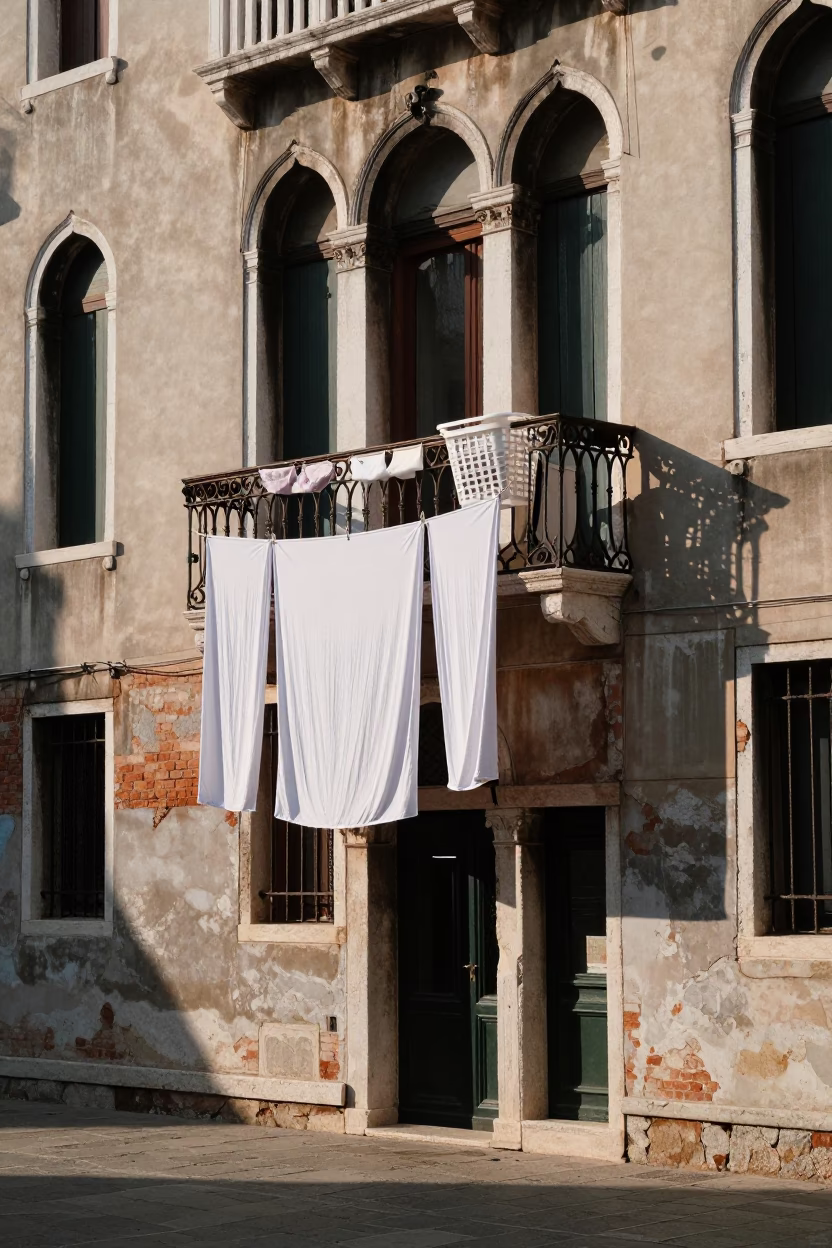 Venice Italy Late Morning Street Scene with Laundry Basket on Balcony in in Venice, Italy
