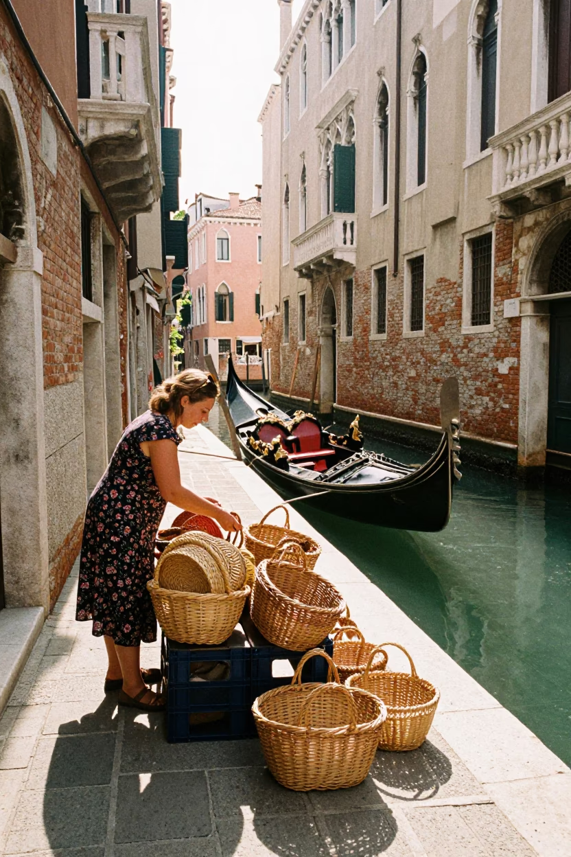 Venice Italy late morning street scene with woven baskets and canal activity in in Venice, Italy