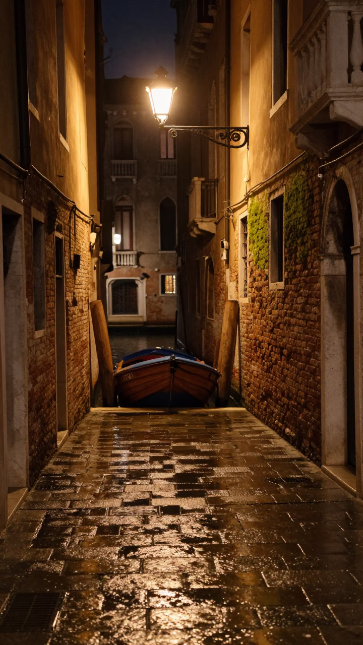 Venice Italy late night canal alleyway wet cobblestones and moored wooden boat in in Venice, Italy