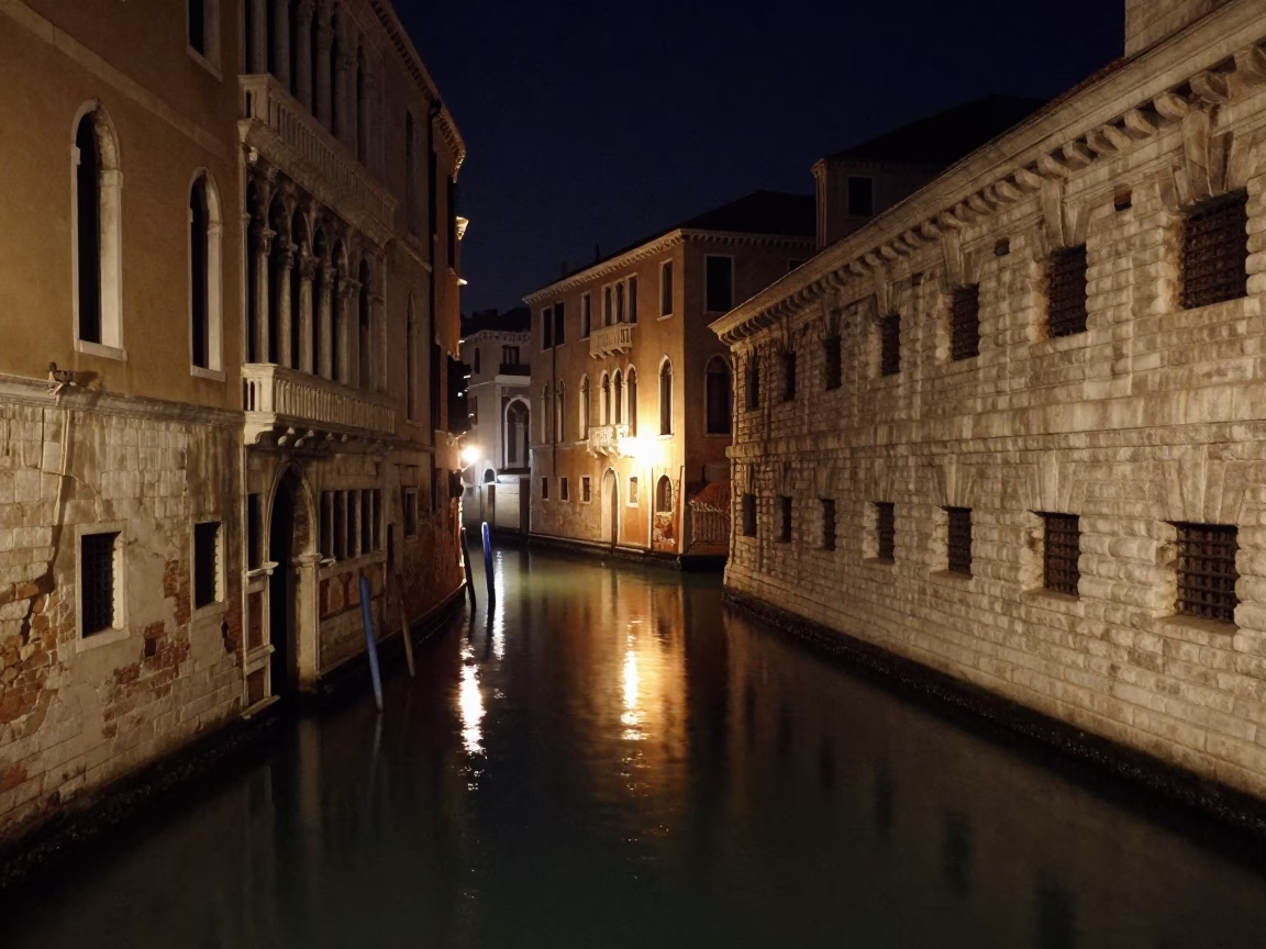 Venice Italy Late Night Canal Reflections and Historic Architecture in in Venice, Italy