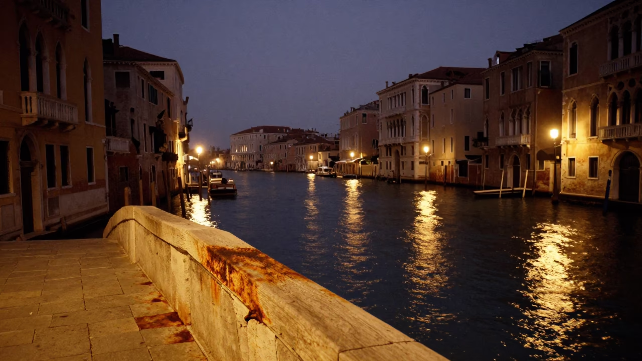 Venice Italy Late Night Canal Scene With Rusty Tile Grout And Lampshade in in Venice, Italy