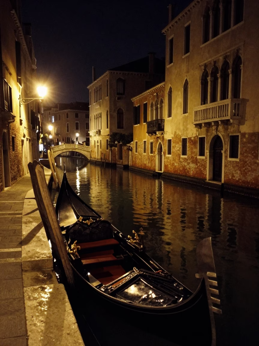 Venice Italy Late Night Canal View with Gondola and Water Reflections in in Venice, Italy