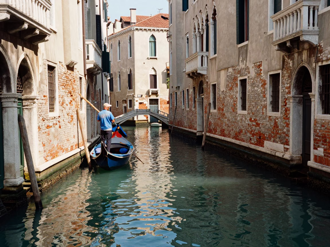 Venice Italy Midday Canal Scene with Local Fisherman and Traditional Gondola Mooring in in Venice, Italy