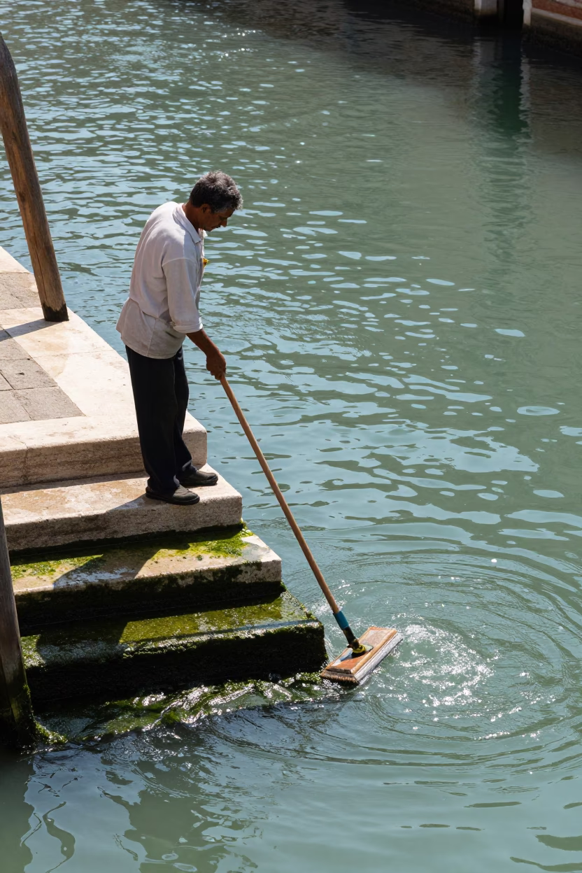 Venice Italy Midday Canal Scene with Worker and Cleaning Tools in in Venice, Italy
