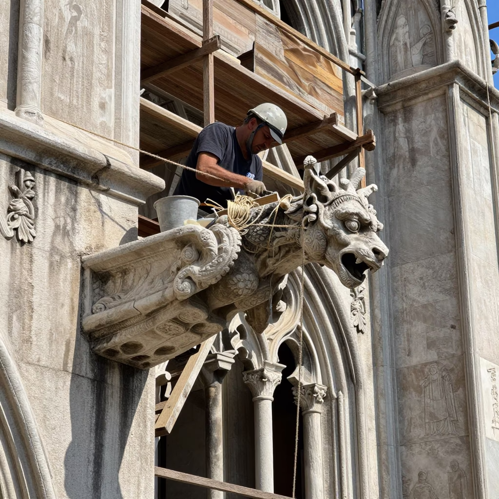 Venice Italy Midday Stonemason Chiseling Gargoyle Cathedral Scaffold with Twine and Bowl in in Venice, Italy