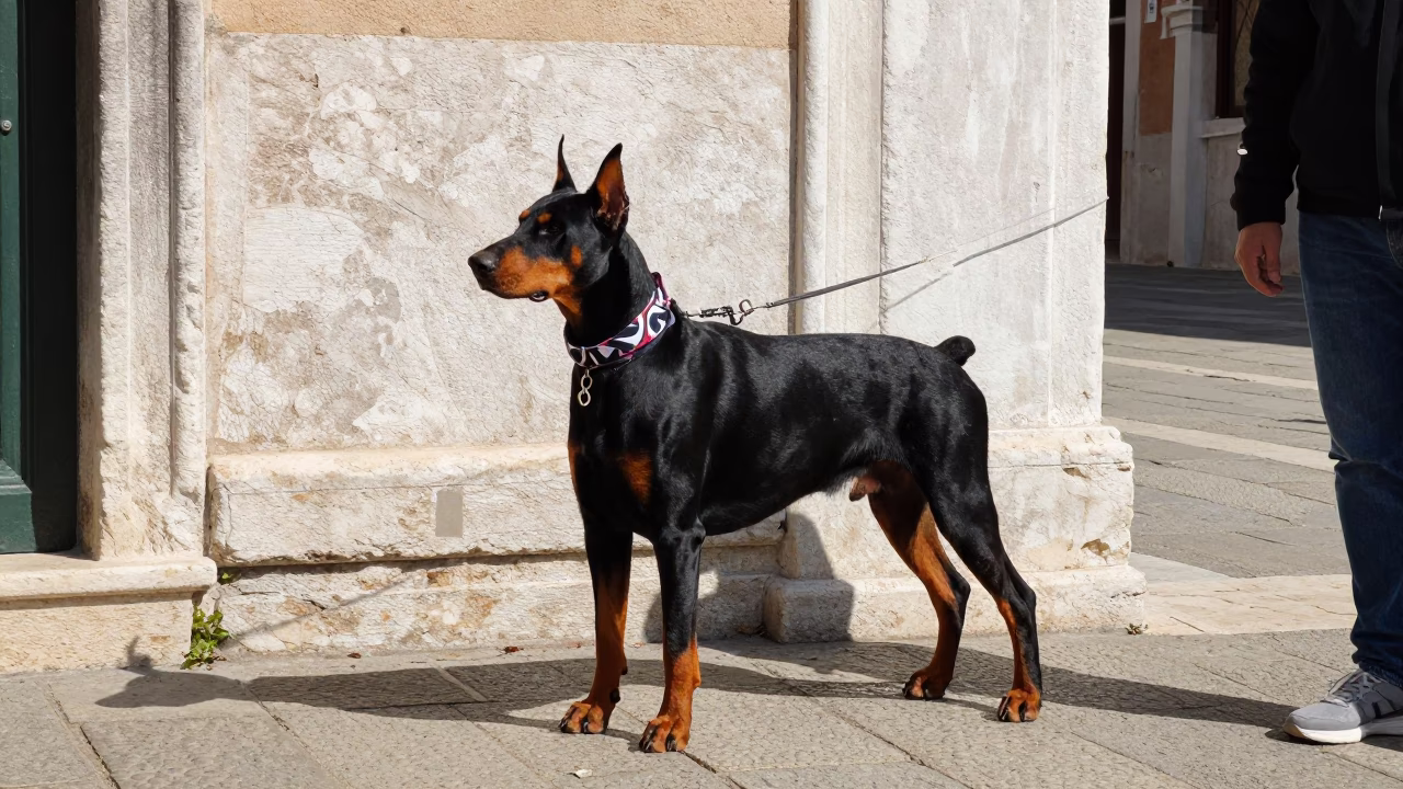 Venice Italy Midday Street Scene with Doberman Pinscher and Scarf Wearing Pedestrian in in Venice, Italy