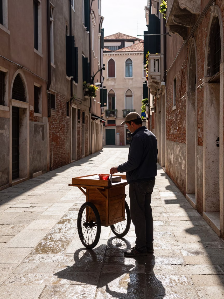 Venice Italy Midday Street Scene with Local Vendor and Traditional Clay Cup in in Venice, Italy