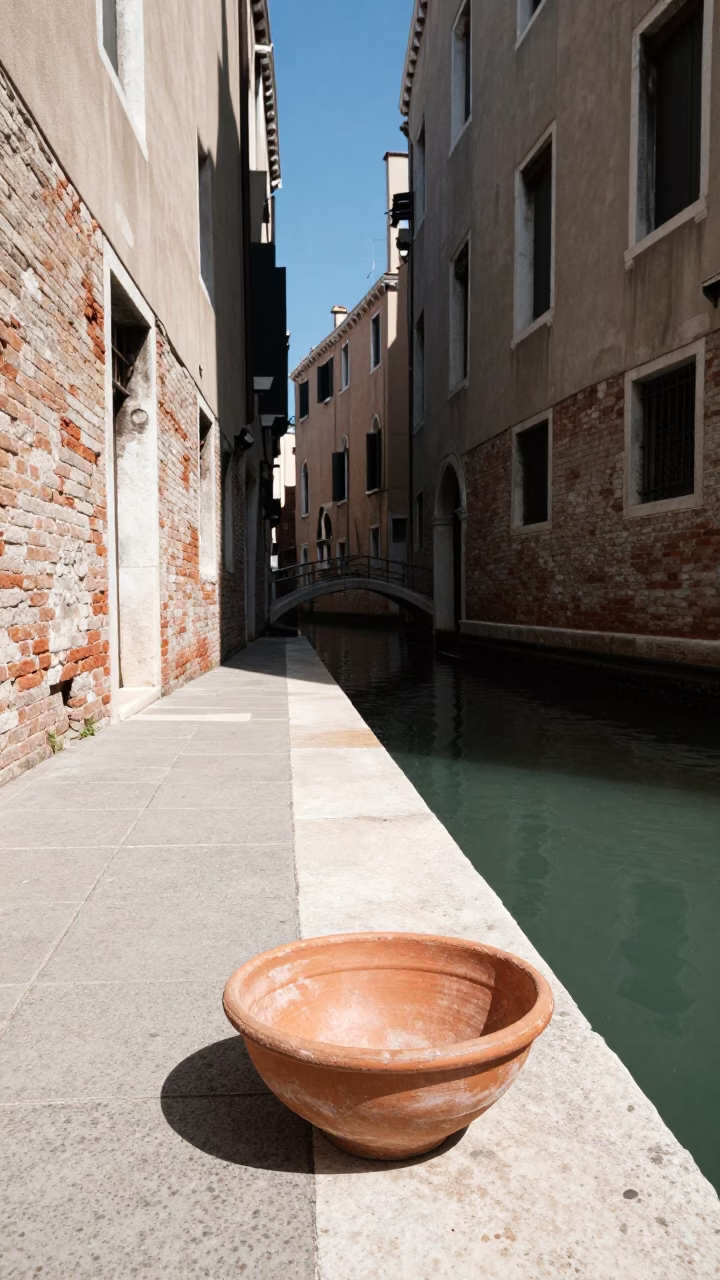 Venice Italy Midday Street Scene with Terracotta Bowl and Canal Reflections in in Venice, Italy