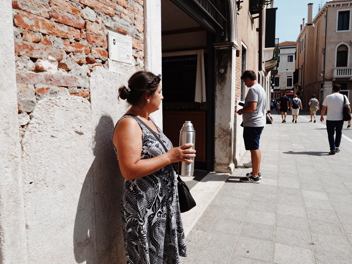 Venice Italy Midday Street Scene with Thermos and Local Interaction in in Venice, Italy