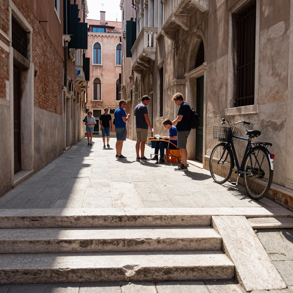 Venice Italy midday street scene with tourists and marble details in in Venice, Italy