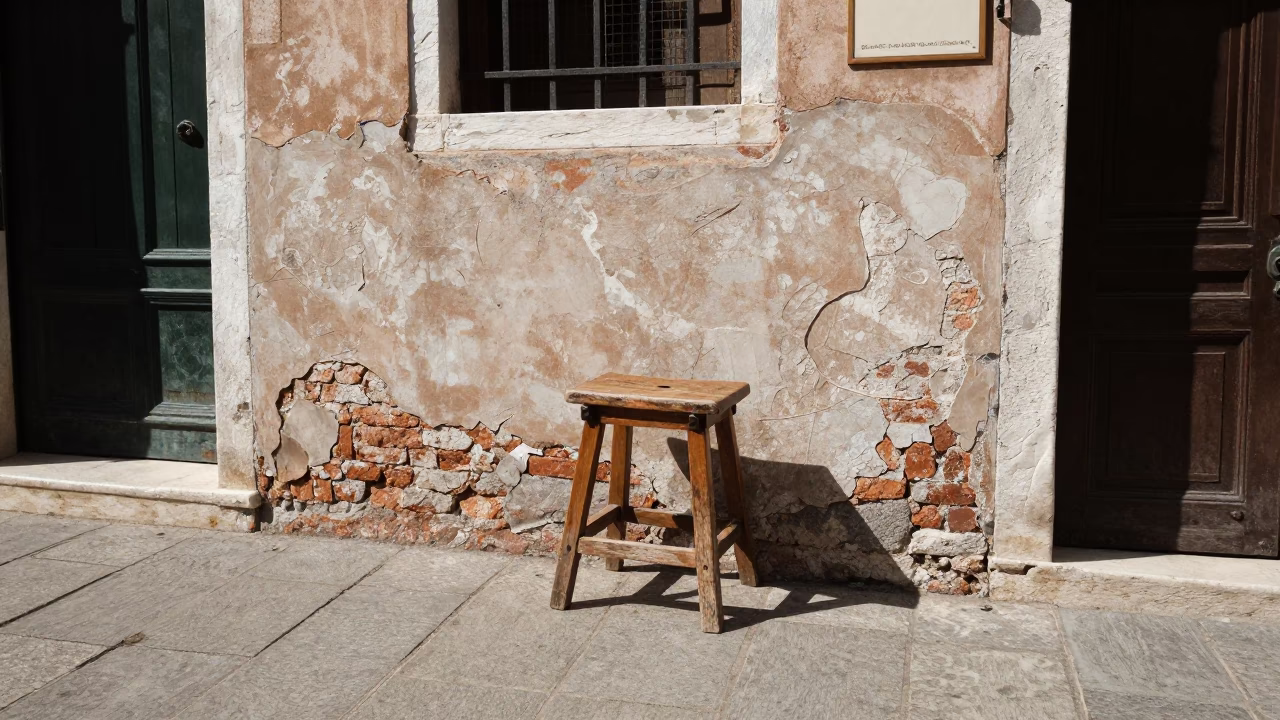 Venice Italy Midday Street Scene with Wooden Stool and Local Life in in Venice, Italy