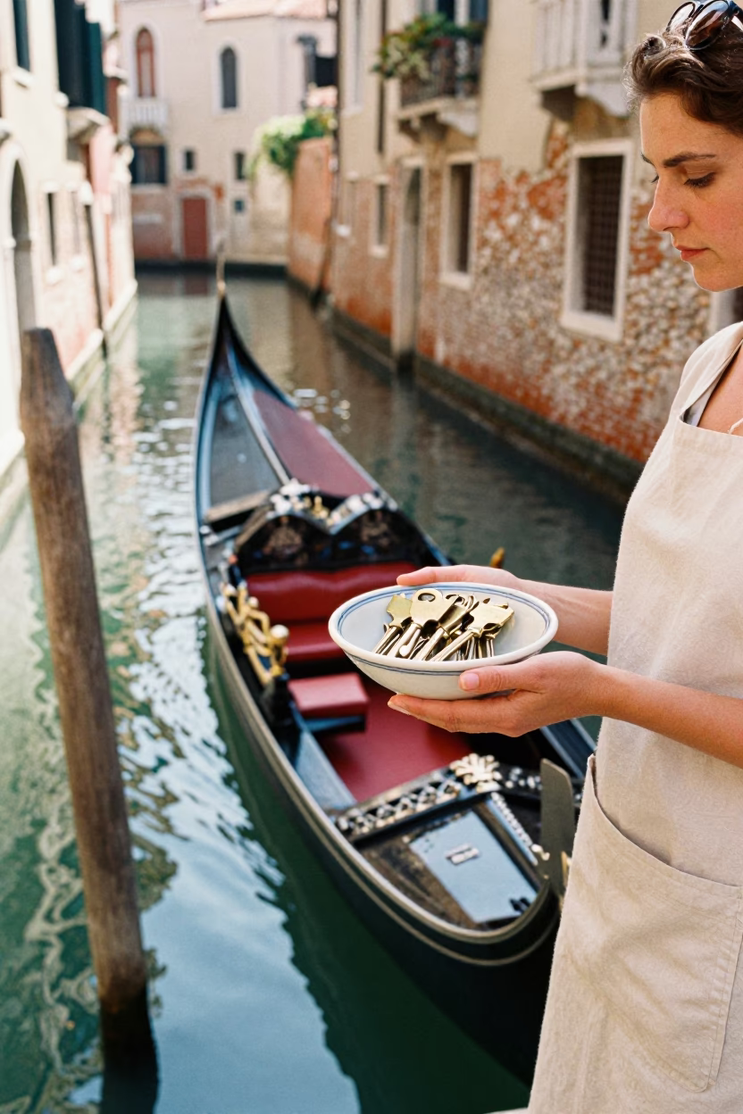 Venice Italy Midmorning Light Canal Scene with Key Bowl and Local Life in in Venice, Italy