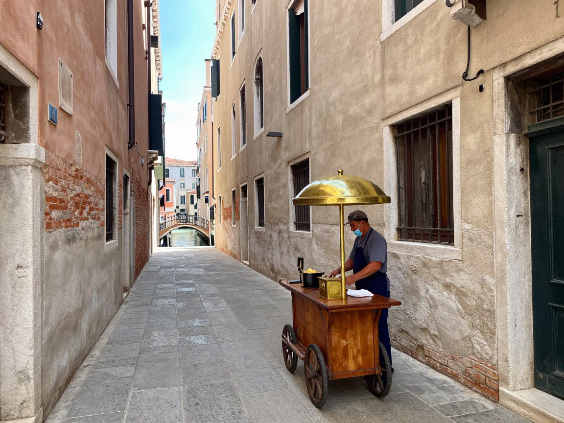 Venice Italy Midmorning Street Scene with Polished Brass and Local Interaction in in Venice, Italy