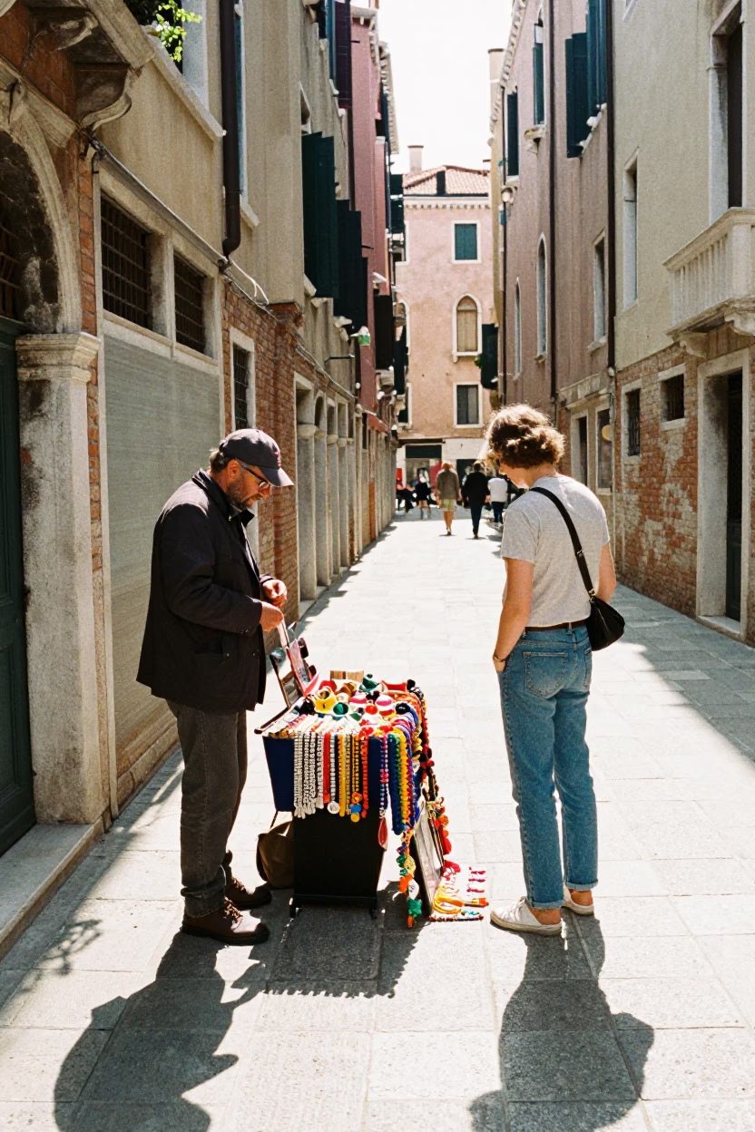 Venice Italy Midmorning Street Scene with Tourist and Local Vendor Interaction in in Venice, Italy